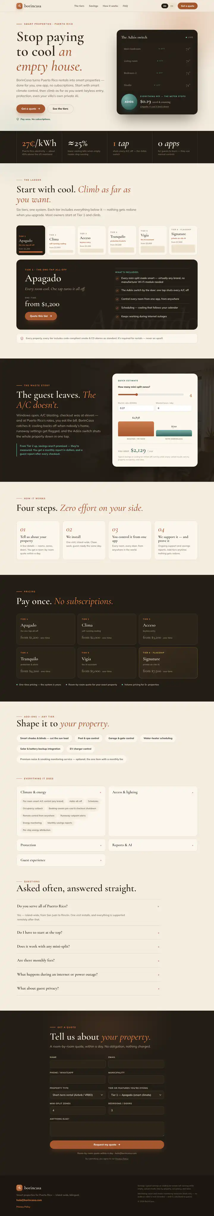 Full-page screenshot of borincasa.com, top to bottom: the headline "Stop paying to cool an empty house" beside a live panel that switches four rooms off and counts the money saved; then the electricity-rate figures, the tier cards, the equipment options, the question-and-answer list and the quote form at the foot of the page.