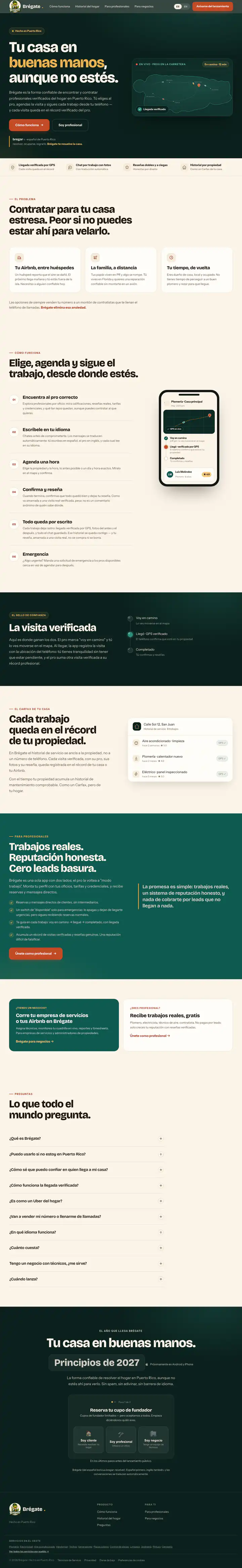Full-page screenshot of bregatepr.com in Spanish, top to bottom: the headline "Tu casa en buenas manos, aunque no estés" with the ES and EN language switch in the header and a map of Puerto Rico tracking a pro on the way; then the feature row, the section for pros, the question-and-answer list, the waitlist panel and the footer.