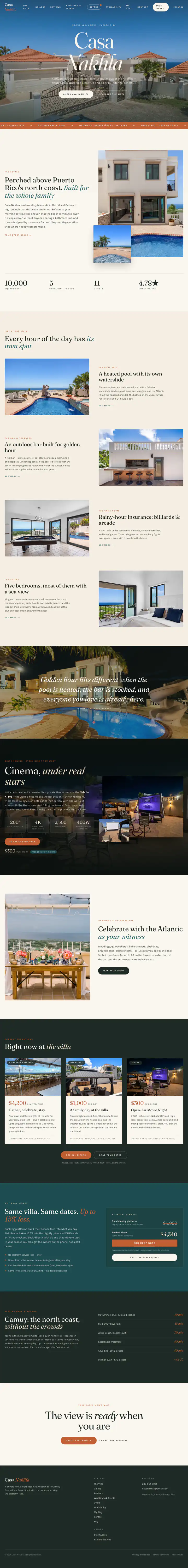 Full-page screenshot of casanakhla.com, top to bottom: the hacienda and its tiled roofs above the Atlantic with the name set large over the photo and two buttons, Check availability and Explore the villa; then the house stats, the heated pool and waterslide, the outdoor bar, the bedrooms, the open-air cinema and the weddings section, ending at the footer.