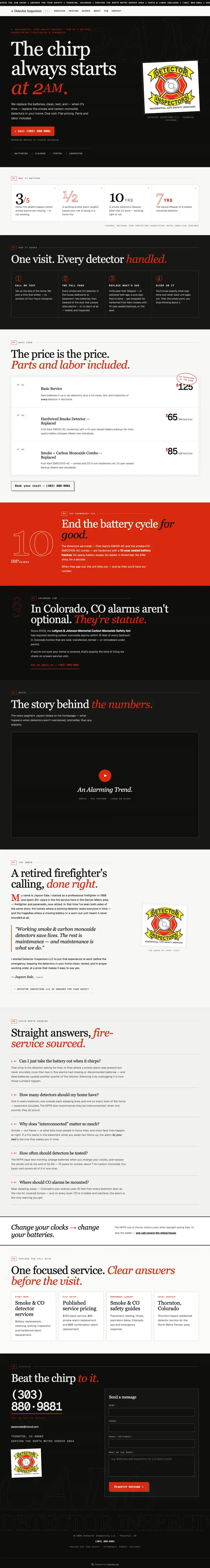 Full-page screenshot of detectorinspectors.com, top to bottom: the headline "The chirp always starts at 2AM", the one-visit service, the flat pricing, the end of the battery cycle, the Colorado statute section, the story behind the numbers, the retired firefighter's introduction, the guides, the FAQ and the contact form.