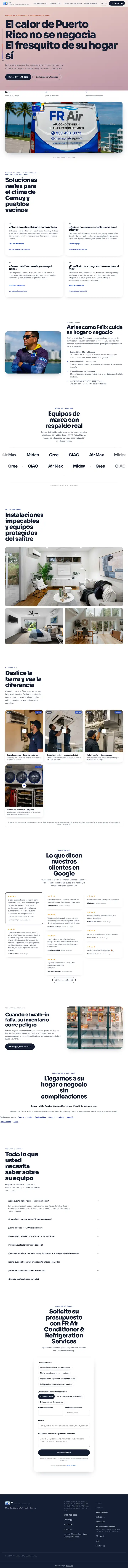 Full-page screenshot of frairservices.com in Spanish, top to bottom: the headline about Puerto Rico's heat over a cooled living room, the mini-split sales, installation, maintenance and repair services, the section introducing Félix, the brand equipment, the before-and-after slider, Google reviews, the walk-in refrigeration warning, the service towns, the FAQ and the quote form.